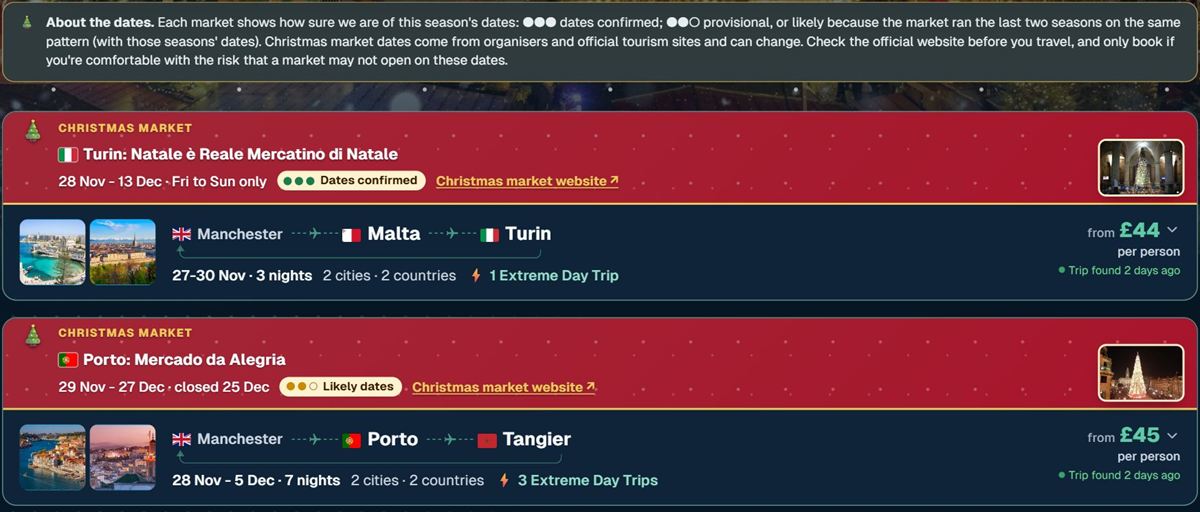 Christmas market trips from Manchester to Turin and Porto, with market dates and how sure we are of them