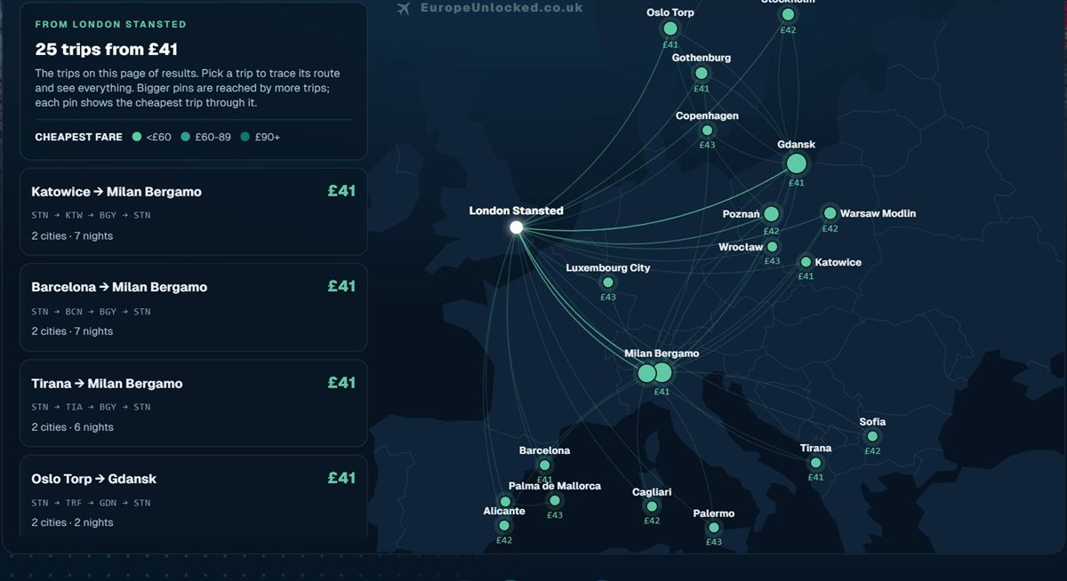 The Finder's map view: trips from Stansted drawn across Europe, with the cheapest fare on each city