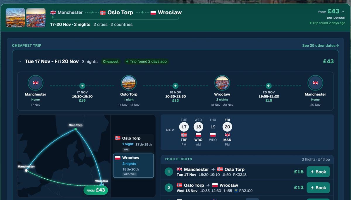 A Manchester, Oslo and Wrocław trip in the Finder, with its timeline, route map and calendar