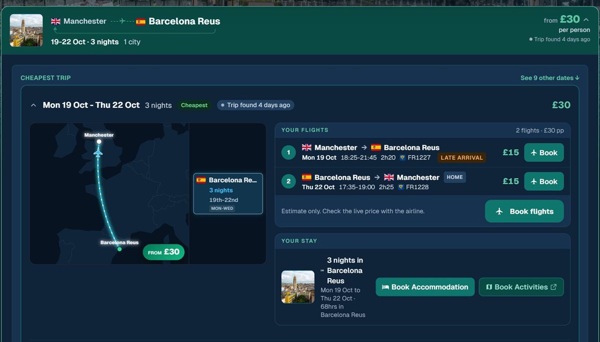 A Manchester to Barcelona city break in the Finder, with the route map, both flights and the stay