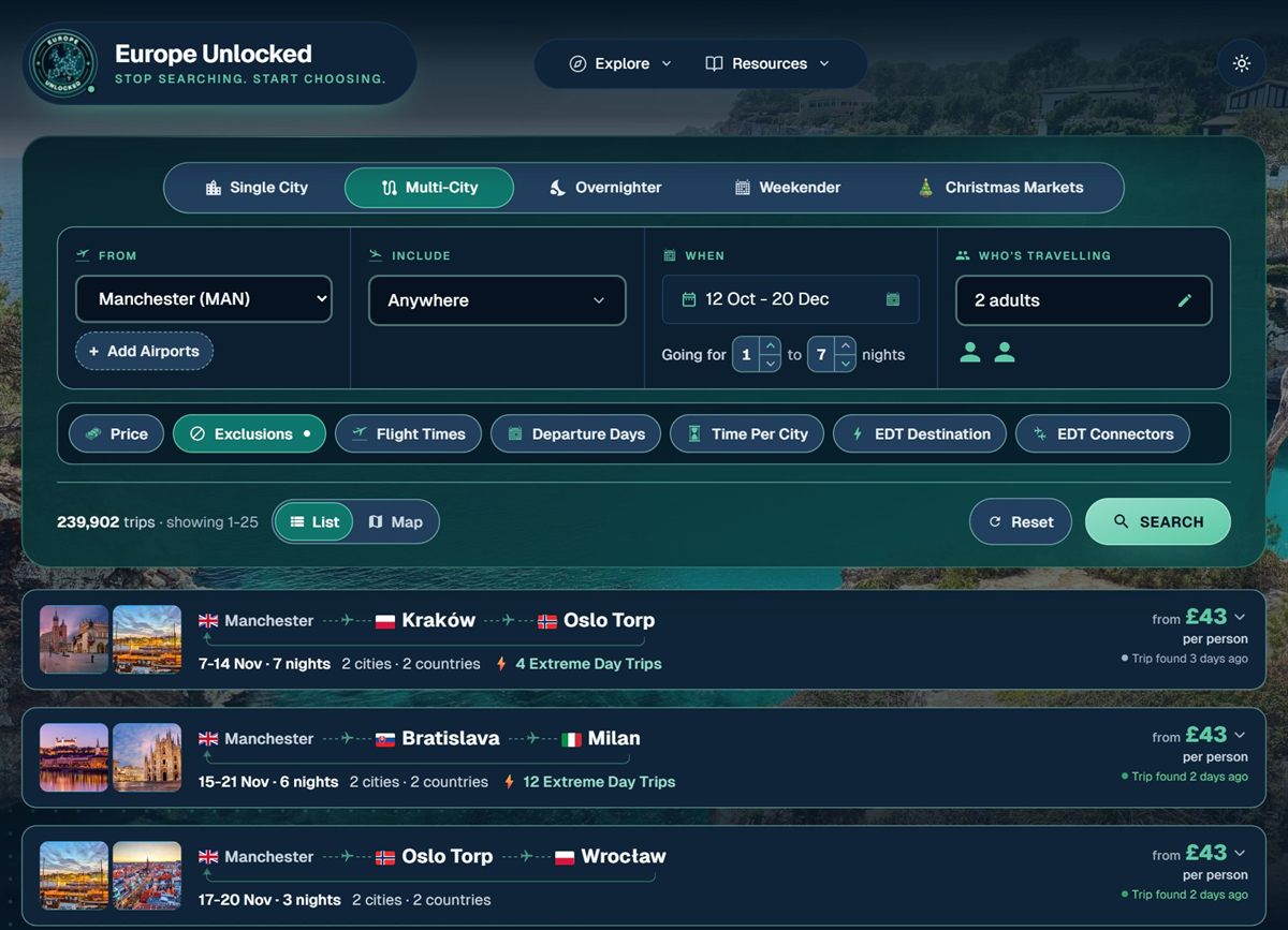 Europe Unlocked Finder multi-city search from Manchester, with complete routes and total flight prices